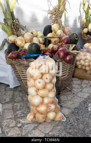 Différents types d'oignons dans des sacs et panier à l'oignon local festival, Sobral da Lagoa, Portugal Banque D'Images