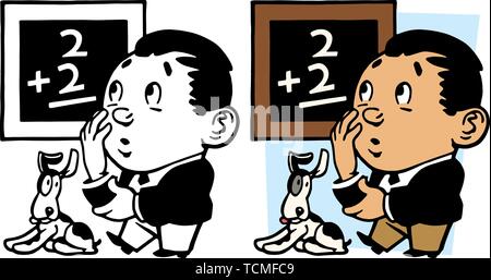 Un homme essaye de résoudre un problème mathématique simple plus sur un tableau. Illustration de Vecteur