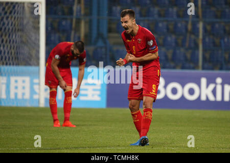 PODGORICA, Monténégro - 07 juin : Stefan Mugosa du Monténégro célèbre but pendant l'UEFA EURO 2020 Un groupe de qualification entre le Monténégro et le Kosovo au stade municipal de Podgorica le 7 juin 2019 à Podgorica, Monténégro MO Media Banque D'Images