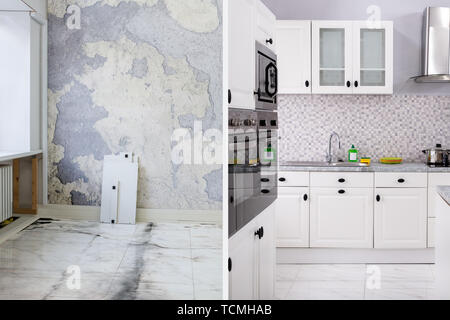 Avant et après de Cuisine Moderne appartement chambre dans maison rénovée Banque D'Images