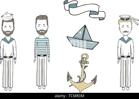 Cute vieux voilier de croisière moderne et télévision icons set avec barre d'ancrage boussole vector illustration Illustration de Vecteur