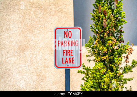 Aucun stationnement Fire Lane signer avec un arbre et de mur à l'arrière-plan Banque D'Images