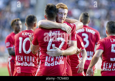 Chester, Pennsylvanie, USA. 8 juin, 2019. Red Bulls célèbre après avoir marqué un but contre l'Union au stade de l'énergie Talen Chester PA Credit : Ricky Fitchett/ZUMA/Alamy Fil Live News Banque D'Images