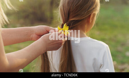 Prendre soin des mains maternelle braid les cheveux de petite fille. Maman décore ses cheveux en tressage jaune fleurs forêt vivent en fibre amorce. Professionnels de la maternité. Enfant ca Banque D'Images