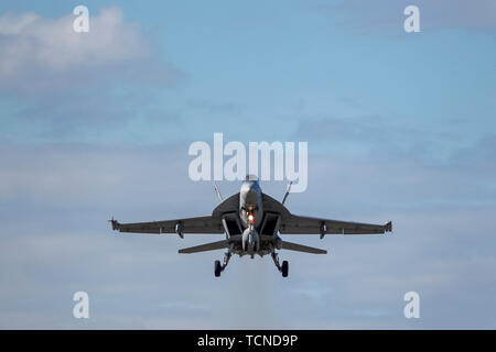 Un U.S. Navy F/A-18E Super Hornet avec Strike Fighter Squadron 192 affecté à la base aéronavale de Lemoore décolle du Joint Base Elmendorf-Richardson, Alaska, le 7 juin 2019. VFA-192 mis en place un détachement en Alaska d'assurer l'intégration et support Formation avec JBER'S F-22 Raptors. Le détachement de la VFA-192Alaska permet aux pilotes l'occasion d'accroître leurs compétences tactiques et stratégiques dans un environnement de combat interarmées. (U.S. Photo de l'Armée de l'air par le sergent. James Richardson) Banque D'Images