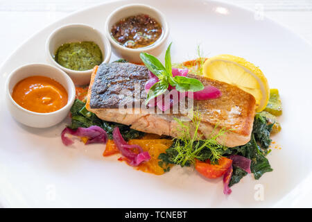 Close up of pan saine filet de saumon poêlé, légumes grillés , italien , sauces pesto, mayo, olives, citron,épicé,isolé sur une plaque blanche nat Banque D'Images