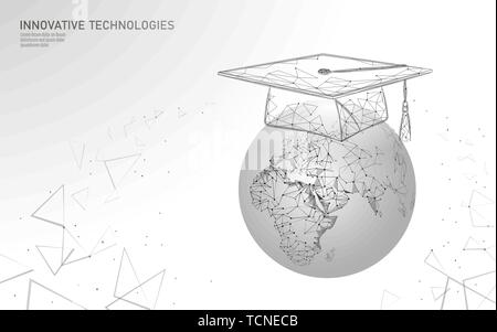 E-learning distance graduate certificate program concept. Low poly 3D render graduation cap sur la planète Terre carte du monde Modèle de page. Internet Illustration de Vecteur