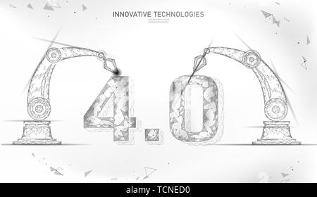 Poly basse révolution industrielle futur concept. Numéro de l'industrie 4.0 assemblées par bras robotique. La technologie en ligne Gestion de l'industrie. Polygonale 3D Illustration de Vecteur