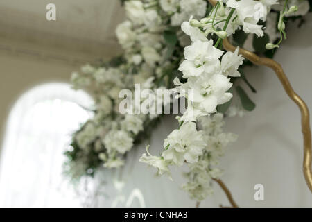 Décoration de la salle de banquet, mariage et zone photo arch avec des feuilles d'eucalyptus, hydrangea et eustoma dans la salle de mariage. Branches d'or. Weddin Banque D'Images