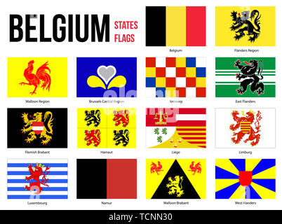 Toutes les provinces de la Belgique Région & Drapeau Vector Illustration sur fond blanc. Drapeaux de Belgique. Bonne taille, de proportions et de couleurs. Banque D'Images