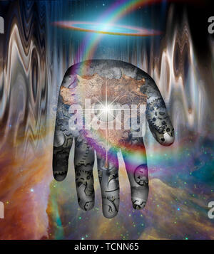 Dieu de la machine. Les droits de l'palm avec roues dentées et des yeux Banque D'Images