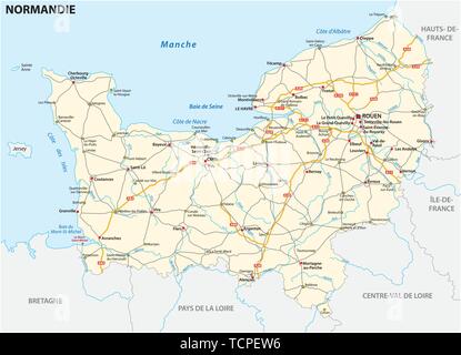 Carte routière de la nouvelle région française de Normandie en langue française Illustration de Vecteur
