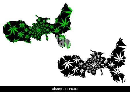 L'île d'Elbe (île en Italie, archipel toscan,République Italienne) la carte est conçue de feuilles de cannabis vert et noir, l'île d'Elbe carte de marijuana, THC) Illustration de Vecteur