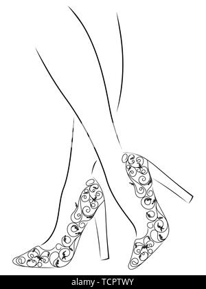 L'esquisse esquisse de femme gracieuse pieds de résumé des chaussures avec des talons hauts, noir sur blanc les images vectorielles Illustration de Vecteur