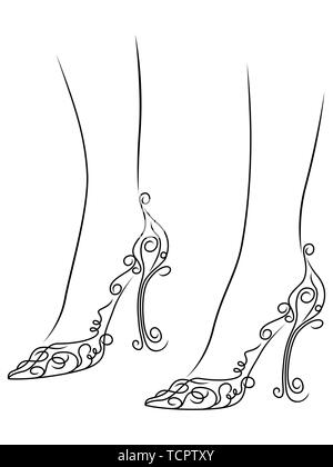 Aperçu des pieds féminins gracieux dans les chaussures à talons floral abstrait, noir sur blanc les images vectorielles Illustration de Vecteur