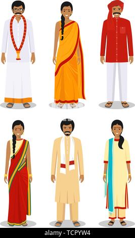 Ensemble de différents standing indian les jeunes femmes et les hommes dans les vêtements traditionnels isolé sur fond blanc dans le style. Les différences Illustration de Vecteur