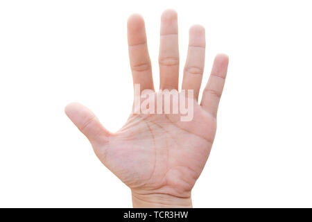 Man main montrant cinq compter isolé sur fond blanc avec clipping path Banque D'Images