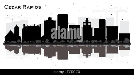 Cedar Rapids Iowa City Skyline Silhouette aux bâtiments et réflexions noir isolé sur blanc. Vector Illustration. Concept du tourisme. Illustration de Vecteur