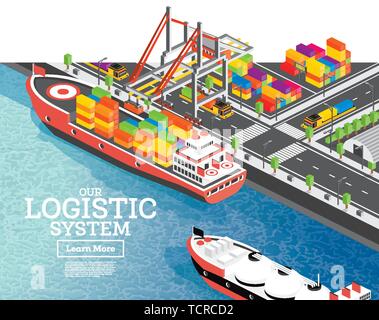 Port de mer isométrique avec porte-conteneurs. Vector Illustration. Grue à portique de chargement charge à bord. L'infrastructure portuaire. Illustration de Vecteur