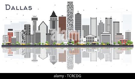 Dallas Texas City Skyline avec les immeubles gris et réflexions isolé sur blanc. Vector Illustration. Les voyages d'affaires et tourisme Concept. Illustration de Vecteur