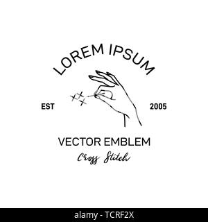 Logo de croix. Emblème du vecteur de la broderie. Illustration de l'aiguille dans la main de femme style contour. Motif Logo pour needlewoman isolé sur whi Illustration de Vecteur