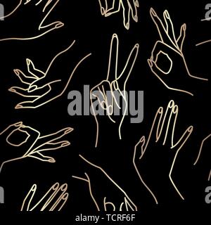 Woman's hand ligne noir et or modèle homogène. Arrière-plan de femmes sans fin de vecteur mains de différents gestes - La victoire, d'accord. Lineart dans un minim Illustration de Vecteur