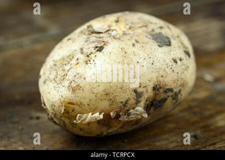 Pommes de terre grelots brutes sur fond en bois rustique, close-up Banque D'Images