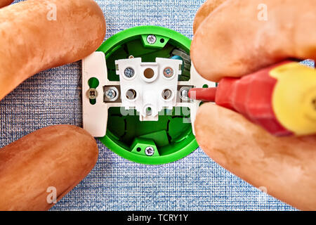 Réparateur est le remplacement de prise électrique dans la chambre à l'aide de câblage électrique tournevis. Banque D'Images