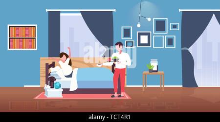 Man plateau avec de la nourriture pour pregnant woman intérieur chambre à coucher moderne accueil futurs parents dans l'amour heureux en famille complète concept Illustration de Vecteur