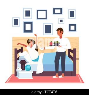 Man plateau avec de la nourriture pour pregnant woman intérieur chambre à coucher moderne accueil futurs parents dans l'amour heureux en famille complète concept Illustration de Vecteur