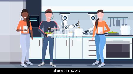 Les femmes utilisant le contrôle de l'application mobile de l'homme avec les fils d'humanoïdes indicateurs d'électrodes SMART robot chef pratique de préparer des aliments assistant robotique concept Illustration de Vecteur