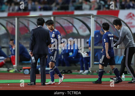 Miyagi, au Japon. 9 juin, 2019. Takefusa Kubo, Shoya Nakajima (JPN) Football/soccer : Kirin Challenge Cup match amical entre le Japon 2-0 El Salvador à Hitomebore Stadium de Miyagi, Japon . Credit : Kenichi Arai/AFLO/Alamy Live News Banque D'Images