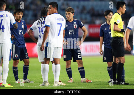 Miyagi, au Japon. 9 juin, 2019. Takefusa Kubo, Ritsu Doan, Shoya Nakajima (JPN) Football/soccer : Kirin Challenge Cup match amical entre le Japon 2-0 El Salvador à Hitomebore Stadium de Miyagi, Japon . Credit : Kenichi Arai/AFLO/Alamy Live News Banque D'Images