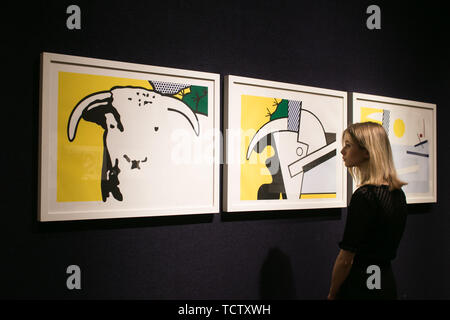 Londres, Royaume-Uni. 10 juin 2019. Bonhams Estampes et multiples vente à Londres le jeudi 13 juin. Image : Roy Lichtenstein, Bull Head série, série complète de 3 lithographies et gravures sur linoléum, 1973, estimation £25,000-35 000 Crédit : amer ghazzal/Alamy Live News Banque D'Images