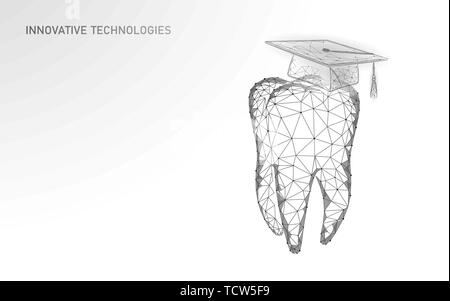 La médecine à distance E-learning graduate certificate program dentaires concept. Low poly 3D render graduation cap sur dent modèle de page. Internet Illustration de Vecteur