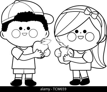 Enfants mangeant des fruits de pomme. Manger des collations saines pour fille et garçon. Les amis mangent de la nourriture fraîche. Page de coloriage noir et blanc vectoriel. Illustration de Vecteur