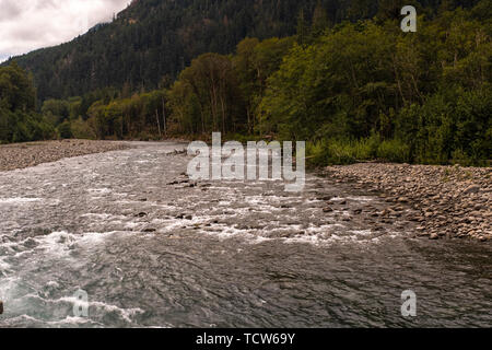 Le courant rapide de la rivière Elwha peu profonde permet d'exécuter plus de cailloux et de rochers dans le Parc National Olympique, l'État de Washington, USA, personne à l'image Banque D'Images