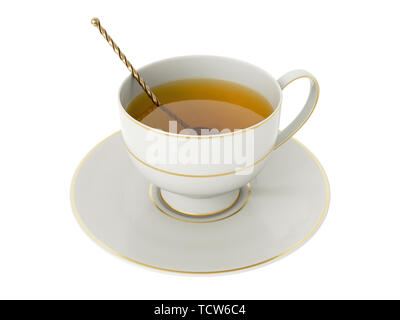Vide isolé un élégant mobilier blanc porcelaine tasse à thé avec soucoupe sur la bordure d'or, le thé, et or vintage c. à thé avec poignée torsadée sur zone blanche Banque D'Images