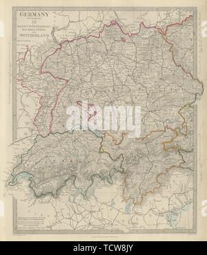 Sud de l'Allemagne, la Suisse Autriche Bade-wurtemberg Bavière Tyrol SDUK map 1874 Banque D'Images