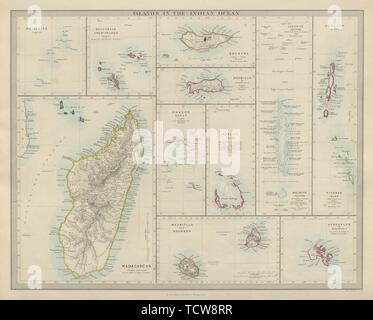 Océan Indien Madagascar Maldives Maurice Réunion Seychelles. Carte 1874 SDUK Banque D'Images