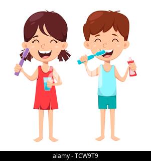 L'hygiène dentaire quotidienne. Garçon et fille se brosser les dents. Soins des dents des enfants. Cute cartoon caractères. Vector illustration isolé sur fond blanc. Illustration de Vecteur