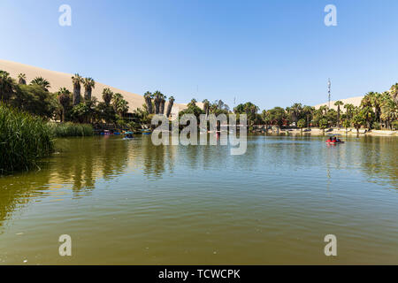 L'oasis de Huacachina, entouré de palmiers, le Pérou, Amérique du Sud Banque D'Images