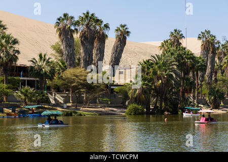 L'oasis de Huacachina, entouré de palmiers, le Pérou, Amérique du Sud Banque D'Images