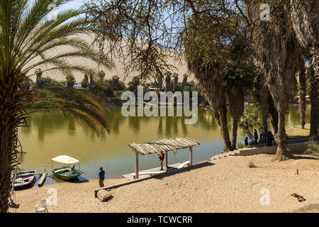 L'oasis de Huacachina, entouré de palmiers, le Pérou, Amérique du Sud Banque D'Images