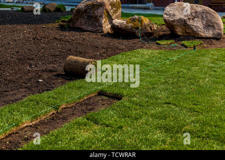 L'herbe verte en rouleau à pelouse et concepteur du paysage. Le cumul de l'herbe à gazon vert rouleau Banque D'Images