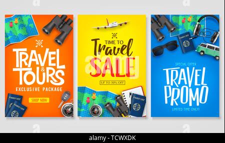 Billet Poster Vector Set Modèle avec logo et texte style créatif 3D réaliste éléments Élément Voyage bon pour impression numérique et design. Illustration de Vecteur