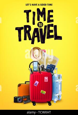 Temps de Voyage Tourisme Concept de l'affiche Vue de l'avant avec 3D Rouge Sac de voyage et de déplacement réaliste éléments Élément en jaune sur fond orange Design. Illustration de Vecteur