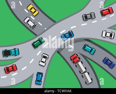 Le trafic avec des voitures et des camions sur une autoroute ou jonction autoroutière SPE8 Illustration de Vecteur