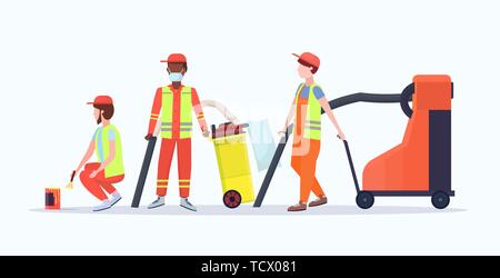 Les nettoyeurs de rue en uniforme et utilisant des équipements différents mix race male workers team standing ensemble un concept de service de nettoyage blanc pleine longueur à plat Illustration de Vecteur