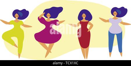 Schéma des danseuses. Les femmes qui exécutent la danse à l'école, studio. Des personnages féminins. Groupe de jeunes professionnels de la danse. Smiling young women enjoying dance party. Illustration de Vecteur